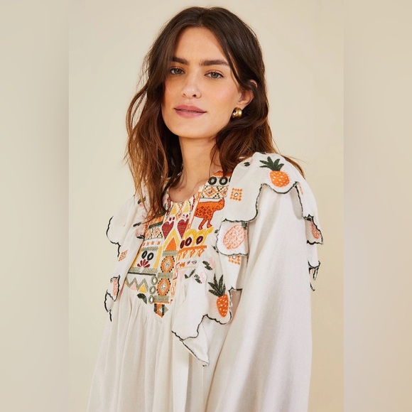 Farm Rio White Embroidered Fall Leaf Blouse, Size XL - Picture 3 of 7